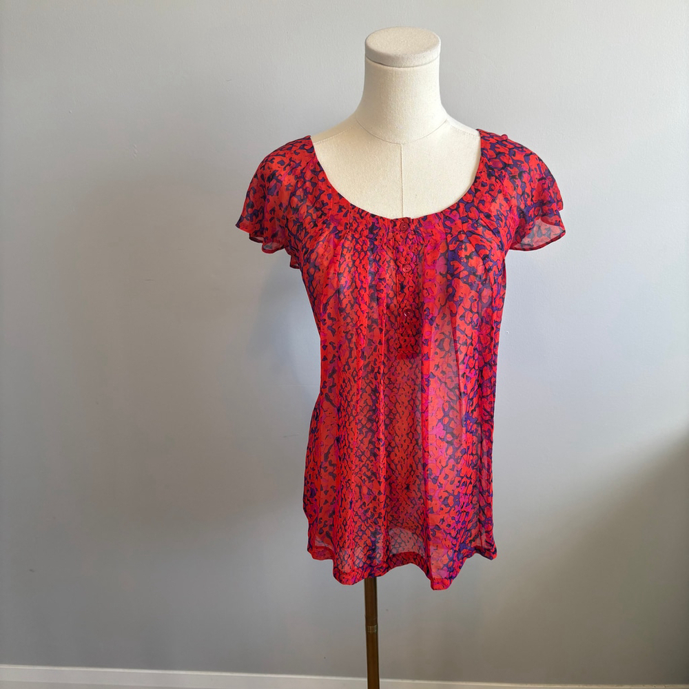 M&S Collection Woman's Flutter Sleeve Sheer Orange, Pink & Purple Blouse, SZ 12